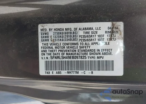 2014 Honda Odyssey Ex из США, поврежденный, VIN 5FNRL5H49EB097825